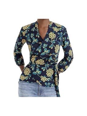 J Crew Turn Wrap Blouse~Size Tag Missing~Dark Blue Gold & Floral Drape Top L1524